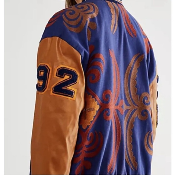 Free People Out Of Your League Bomber Jacket Patches Embroidered Blue Gold Tan - Picture 2 of 12